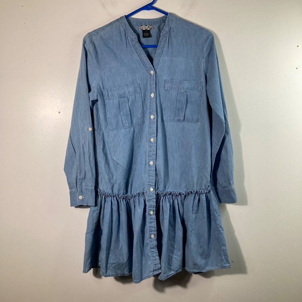 Womens Belle Tweed Chambray Denim Dress‎ Peplum Long Sleeve M Blue Cotton Button